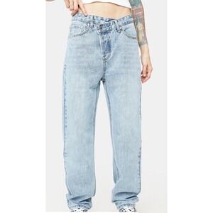 Edikted Womens Blue Crossover Asymmetrical Button Fly Straight Leg Jeans Size‎ M
